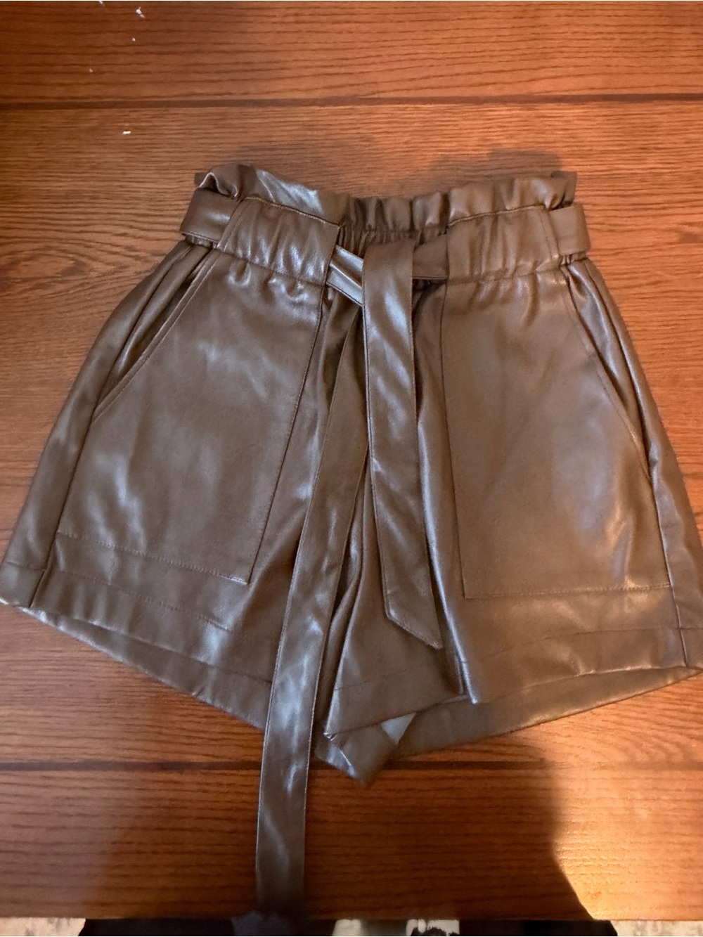 High-Waist Faux Leather Paperbag Shorts with Tie Belt in Brown